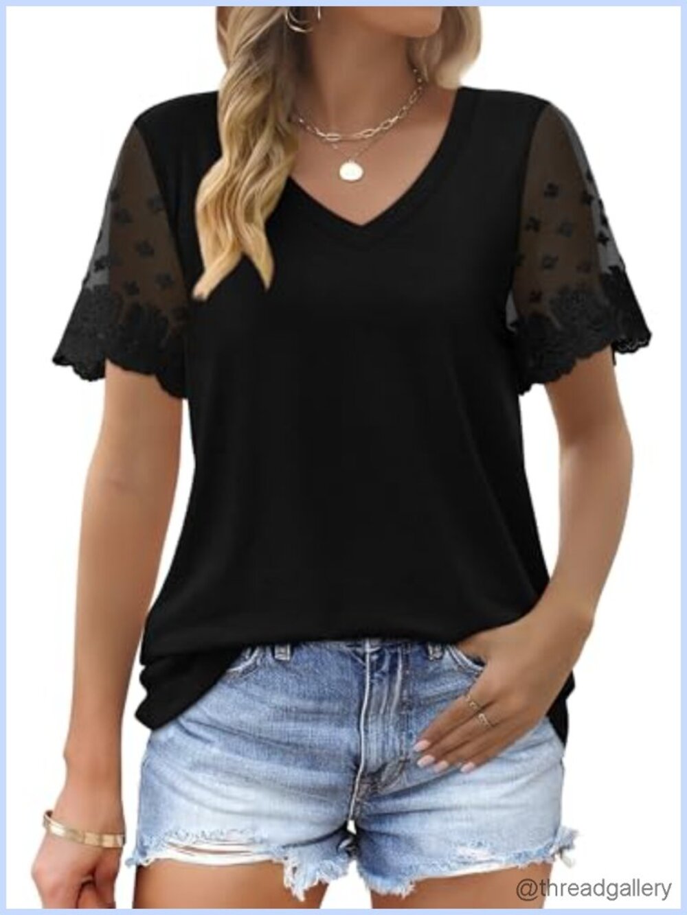 Women's V-Neck Lace Short Sleeve T-Shirt Loose Fit Curved Hem Casual Top